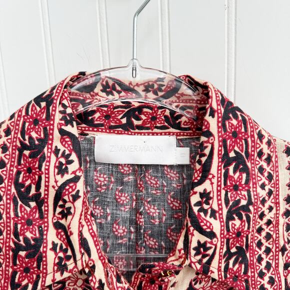 Zimmermann Jaya Cropped Tie Front Printed Linen Blouse Top Red Black Size 0 XS - Picture 2 of 7